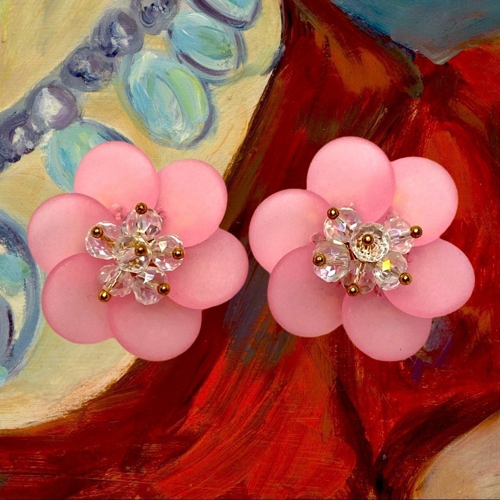 Women's Pink Flower Earrings Crystal Beaded Accent Studs Fashion‎ Jewelry - Picture 5 of 7